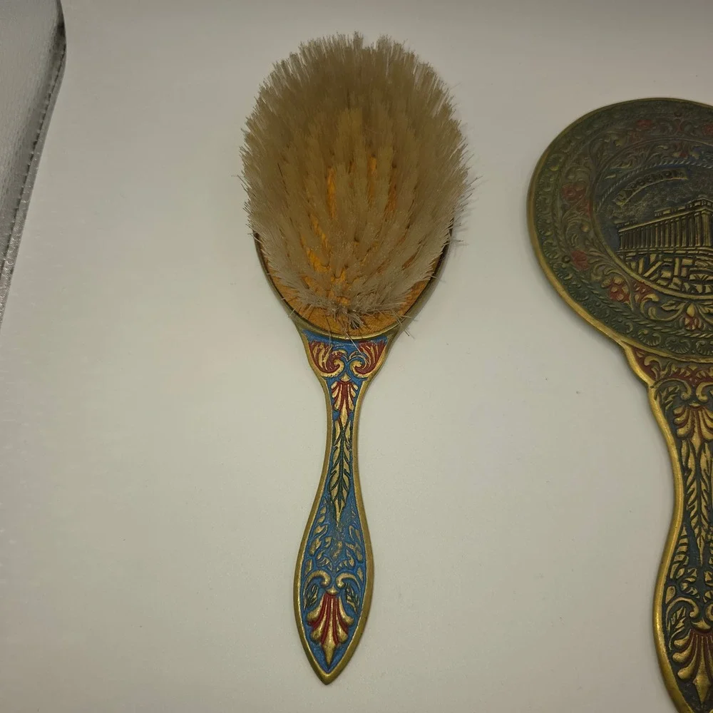 Vintage Brass Parthenon Greece Hand Mirror and Hair Brush Vanity Set Ornate